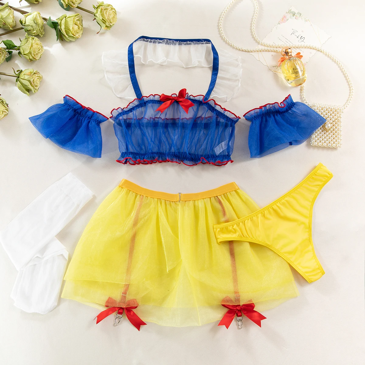 Ellolace Erotic Cosplay Sexy Costume Transparent Mesh Role Play Outfit Frill Trim Onlyfans Disguise Garter Belt Exotic Sets