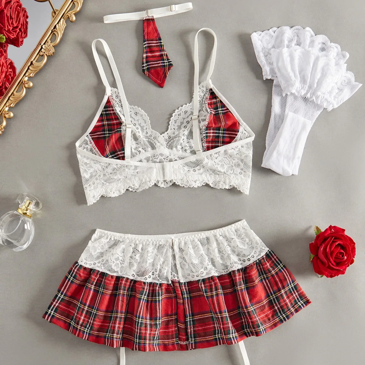 Ellolace Plaid Cosplay Lingerie Sexy Student Uniform Seductive Bra Crotchless No Thongs Sissy Ensemble Costume For Sex Outfits