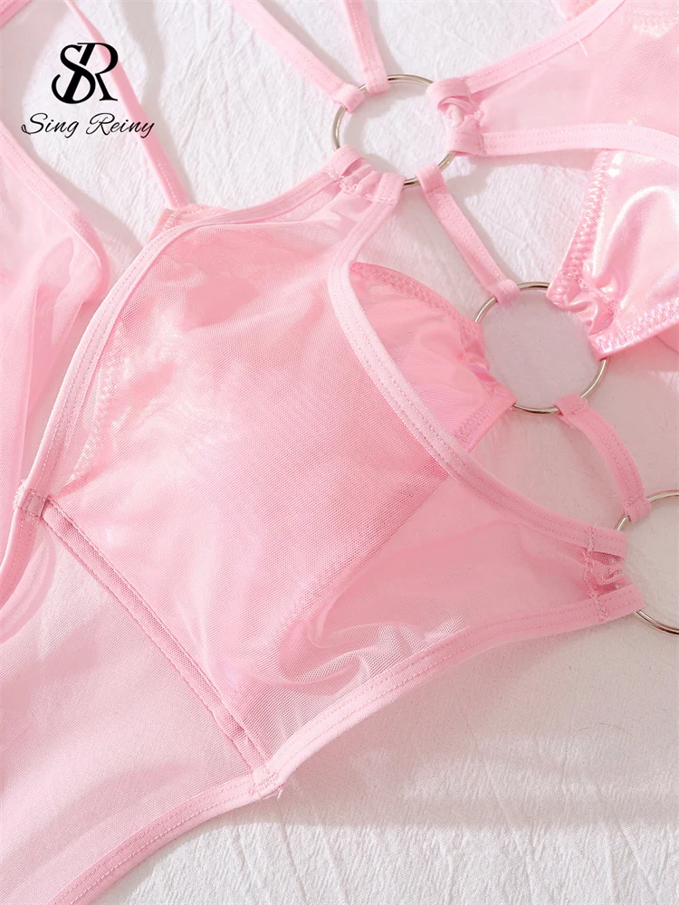 Pink PU Hollow-Out Bodysuit - Image 4