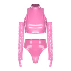 Glossy PU Clubwear Set - Pink, M