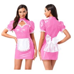 Glossy Latex Maid Costume - L, hot pink