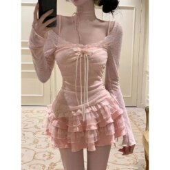 Y2K Crop Top Skirt Set - L, 374 Pink