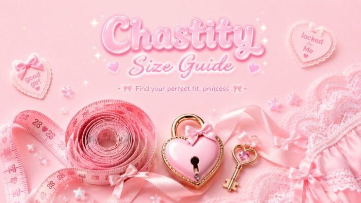 Chastity cage sizing guide — pink measuring tape with heart padlock and key