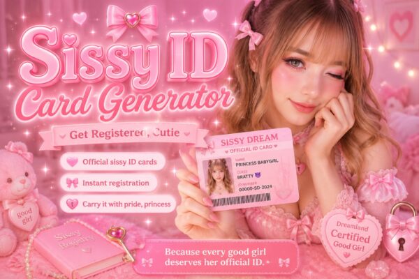 Sissy ID card generator — official pink Dreamland registry card with lace and hearts